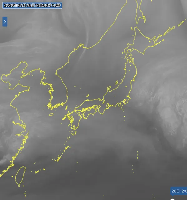 2026年3月26日の日本周辺の衛星水蒸気画像（12時）
