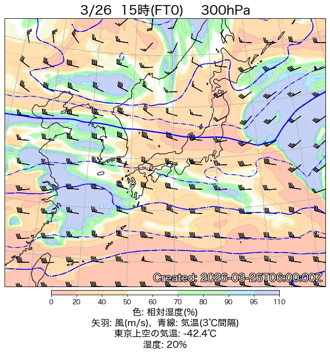 2026年3月26日の日本周辺の300hPa天気図（15時）