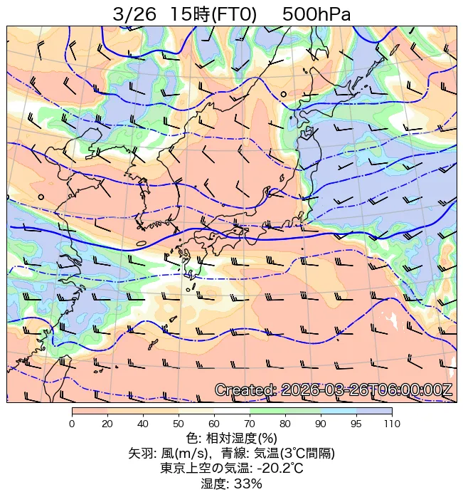 2026年3月26日の日本周辺の500hPa天気図（15時）
