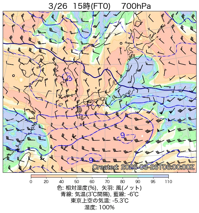 2026年3月26日の日本周辺の700hPa天気図（15時）