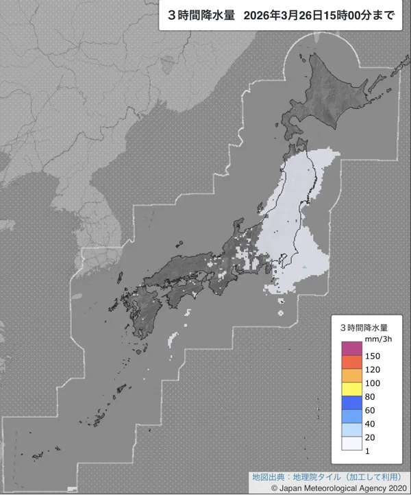 2026年3月26日の日本周辺の12〜15時の3時間解析降水量
