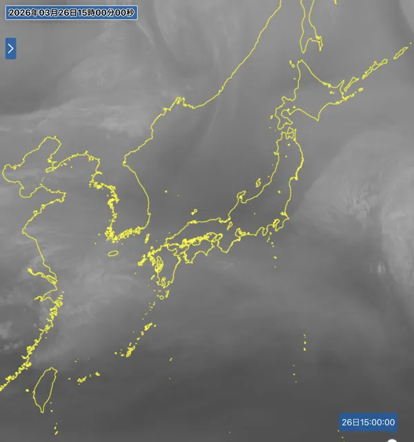 2026年3月26日の日本周辺の衛星水蒸気画像（15時）