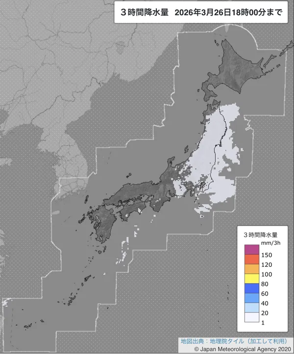 2026年3月26日の日本周辺の15〜18時の3時間解析降水量