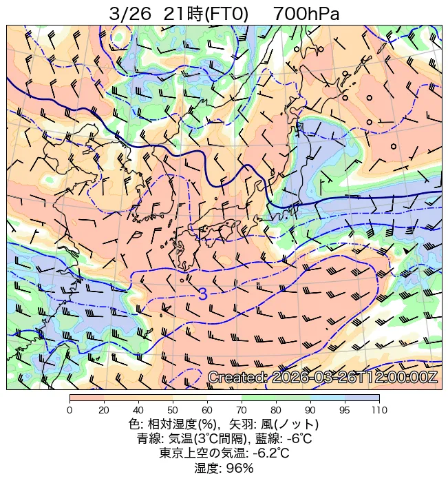 2026年3月26日の日本周辺の700hPa天気図（21時）