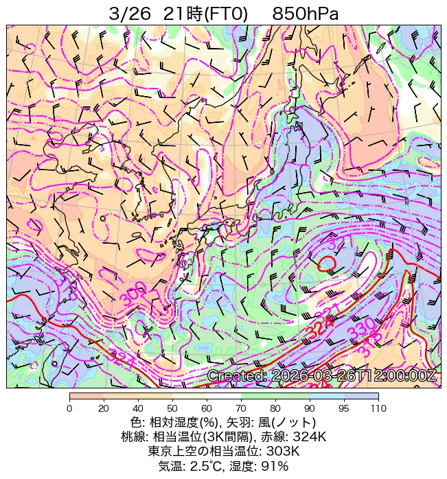 2026年3月26日の日本周辺の850hPa天気図（21時）