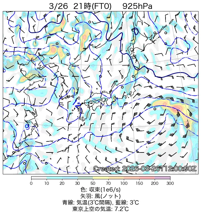 2026年3月26日の日本周辺の925hPa天気図（21時）
