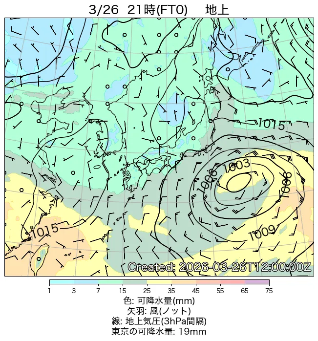 2026年3月26日の日本周辺の地上天気図（21時）
