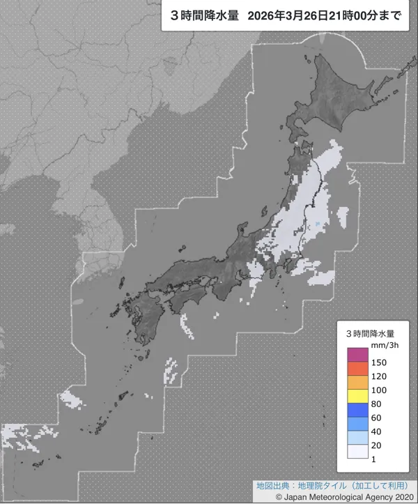 2026年3月26日の日本周辺の18〜21時の3時間解析降水量