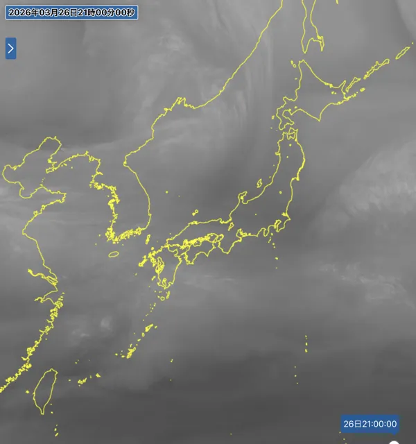 2026年3月26日の日本周辺の衛星水蒸気画像（21時）