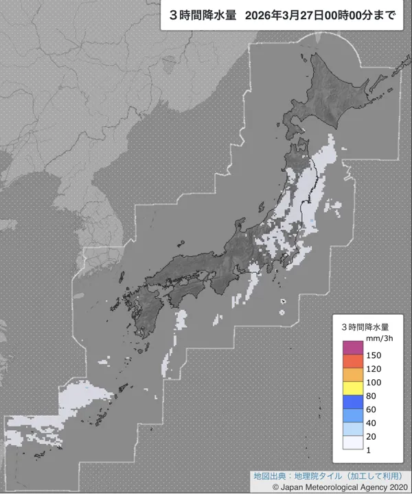 2026年3月26日の日本周辺の21〜24時の3時間解析降水量