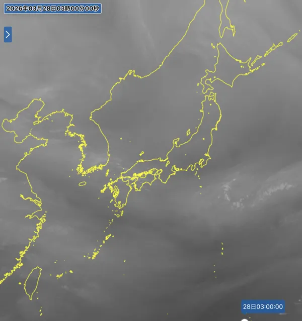 日本周辺の衛星水蒸気画像（3時）