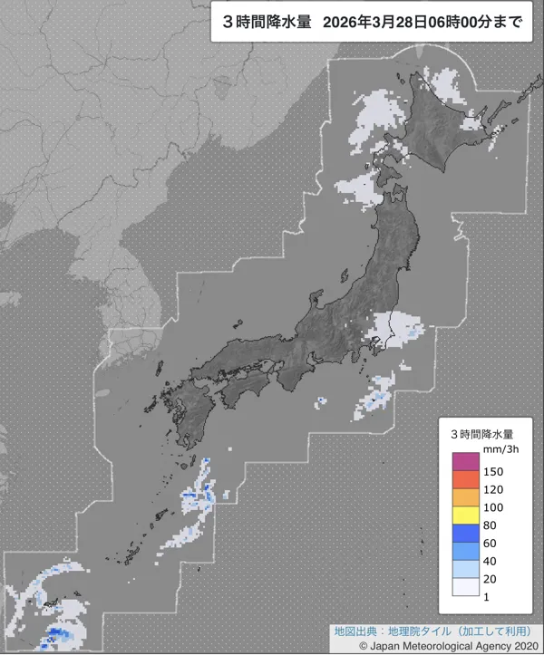 2026年3月28日の日本周辺の3〜6時の3時間解析降水量