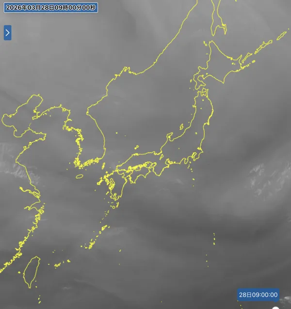 2026年3月28日の日本周辺の衛星水蒸気画像（9時）