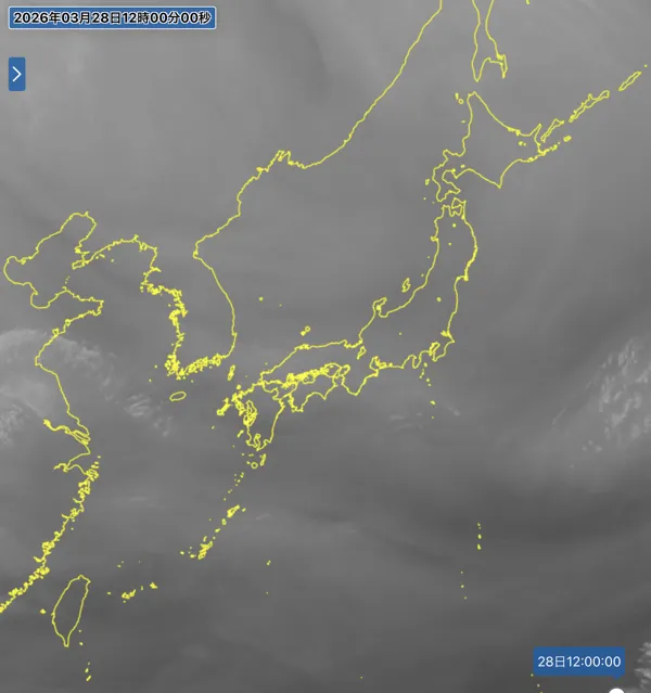 2026年3月28日の日本周辺の衛星水蒸気画像（12時）