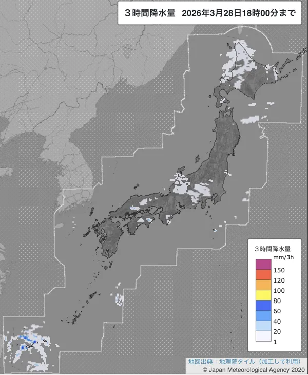 2026年3月28日の日本周辺の15〜18時の3時間解析降水量