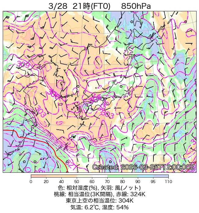 2026年3月28日の日本周辺の850hPa天気図（21時）