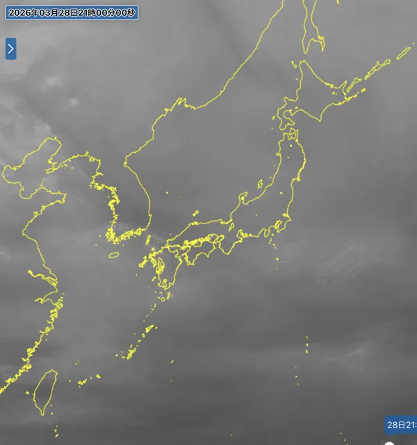 2026年3月28日の日本周辺の衛星水蒸気画像（21時）
