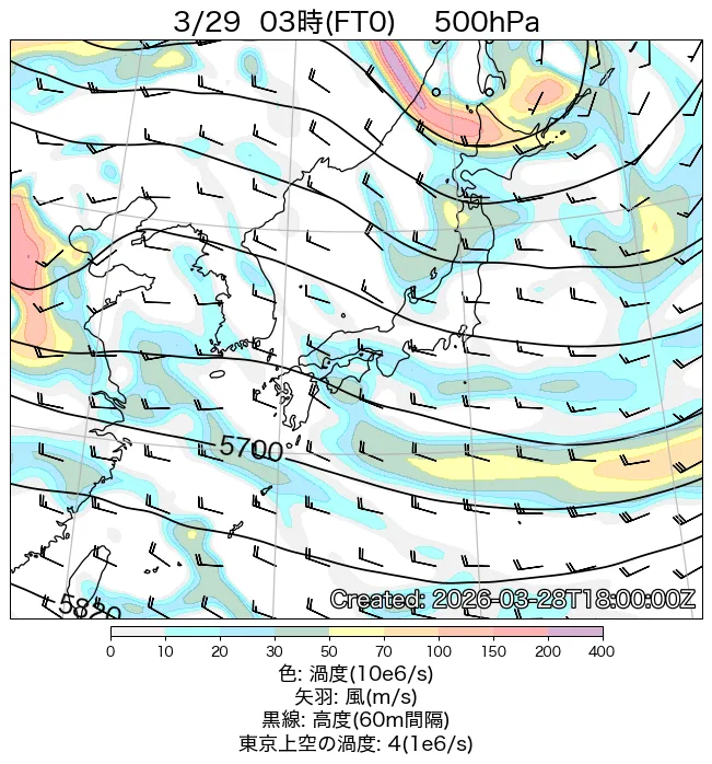 2026年3月29日の日本周辺の500hPa天気図（3時）