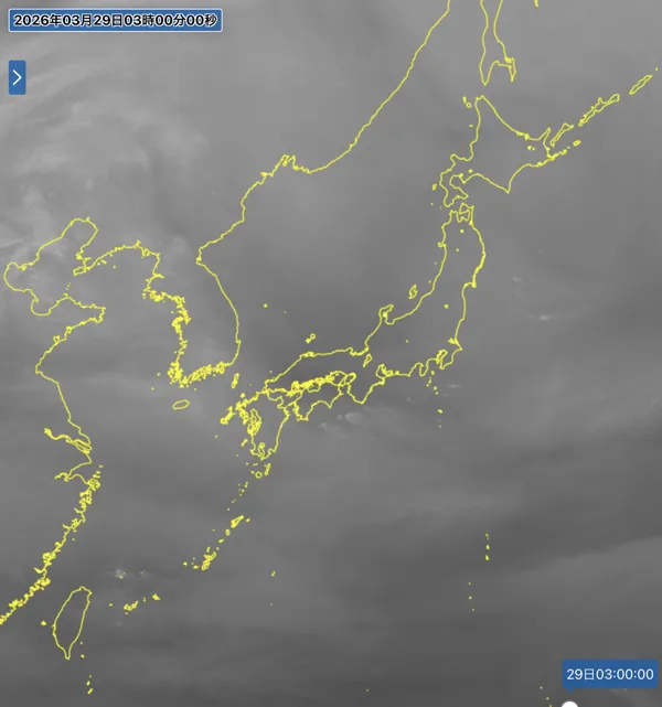日本周辺の衛星水蒸気画像（3時）