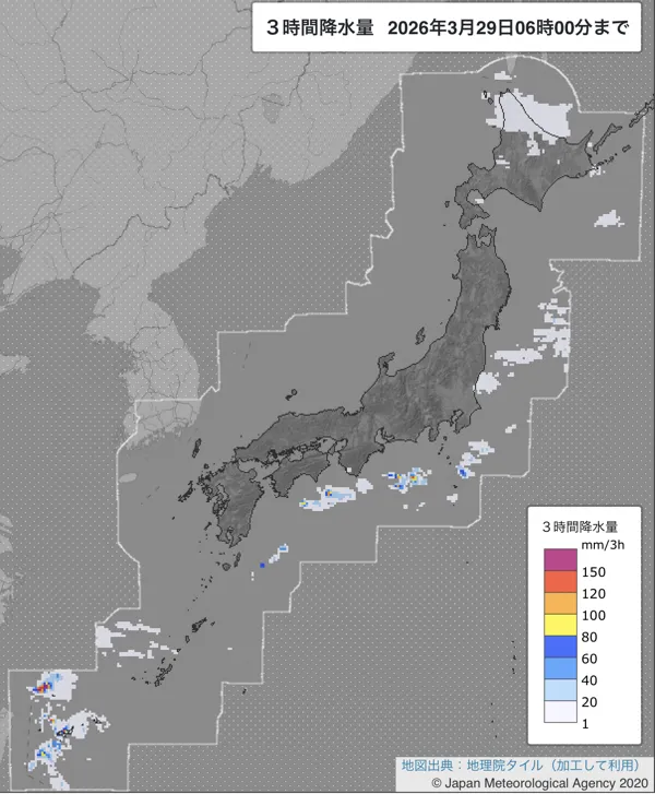 2026年3月29日の日本周辺の3〜6時の3時間解析降水量