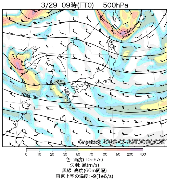 2026年3月29日の日本周辺の500hPa天気図（9時）
