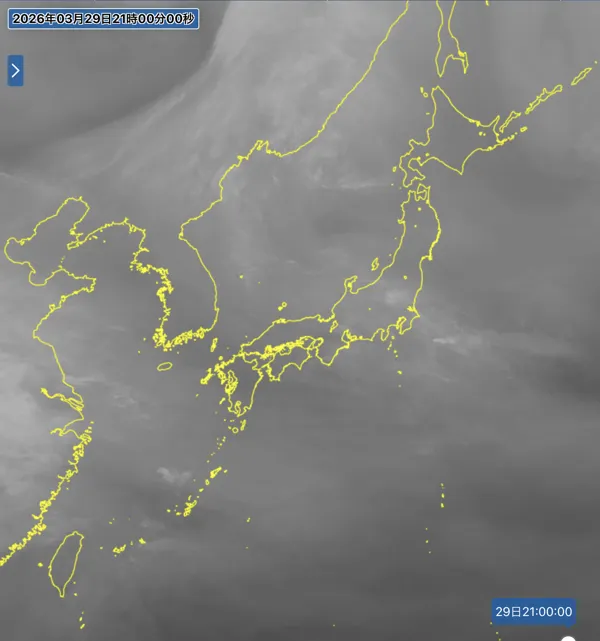 2026年3月29日の日本周辺の衛星水蒸気画像（21時）