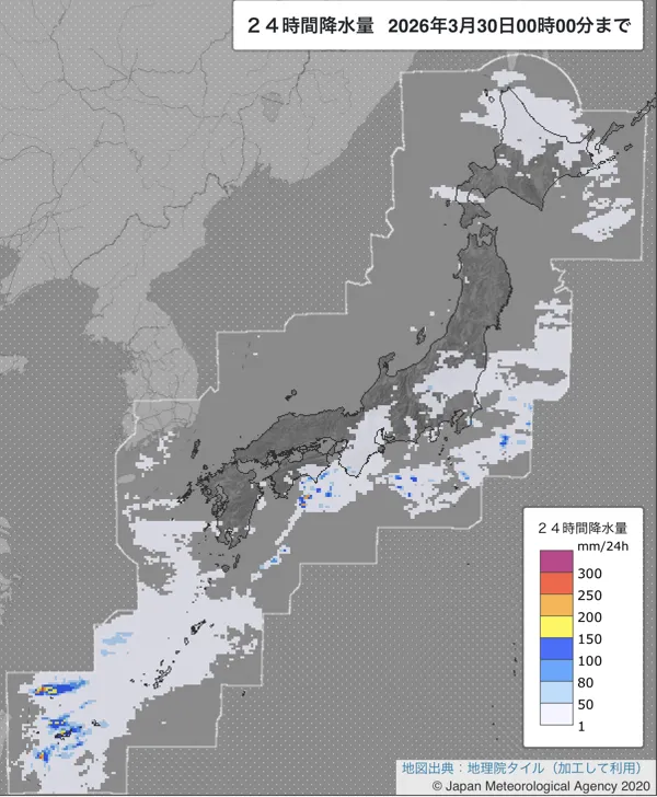 2026年3月29日の日本周辺の日解析雨量の図