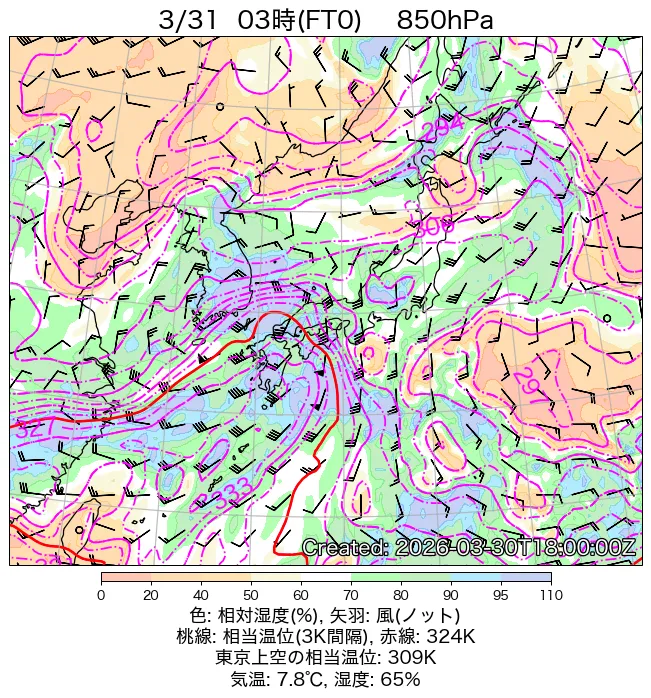 2026年3月31日の日本周辺の850hPa天気図（3時）