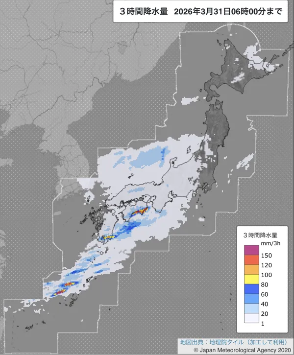 2026年3月31日の日本周辺の3〜6時の3時間解析降水量