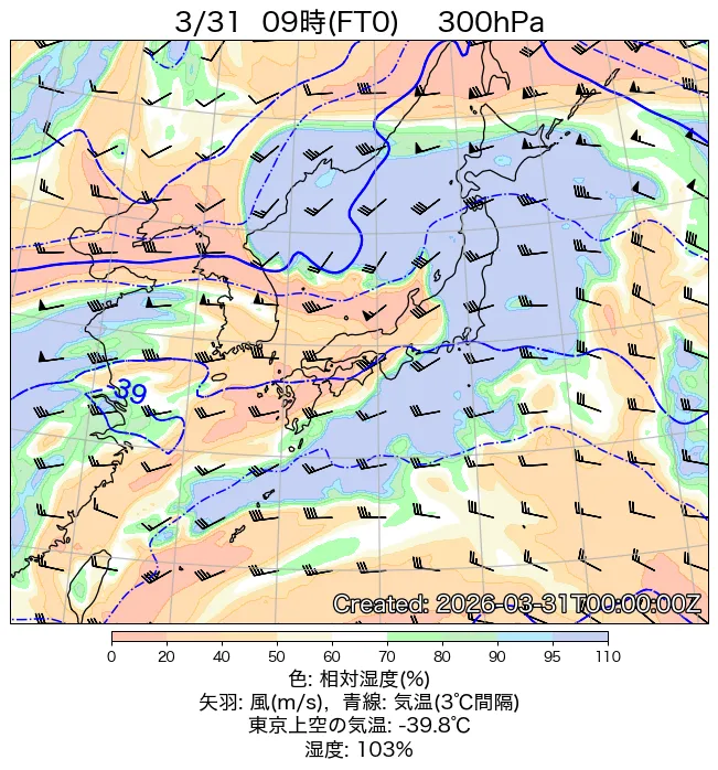 2026年3月31日の日本周辺の300hPa天気図（9時）