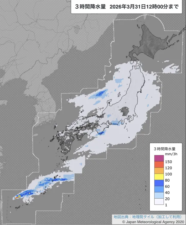2026年3月31日の日本周辺の9〜12時の3時間解析降水量