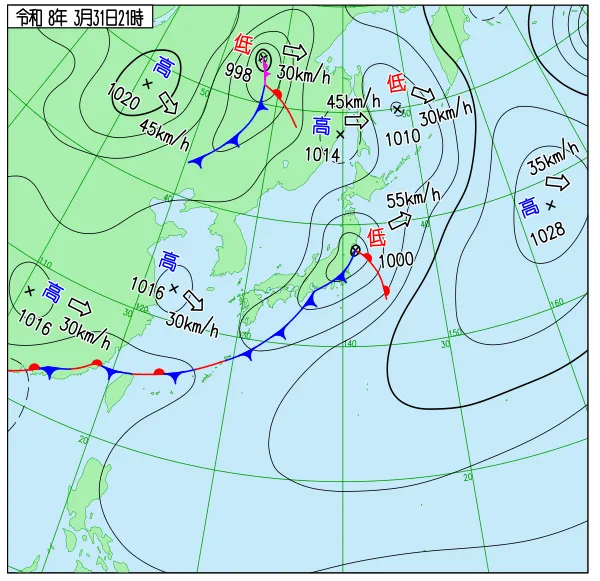 2026年3月31日21時の速報天気図