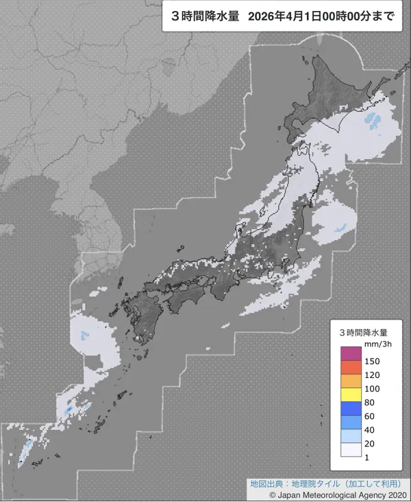 2026年3月31日の日本周辺の21〜24時の3時間解析降水量