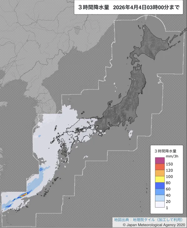 2026年4月4日0〜3時の日本周辺の3時間解析降水量