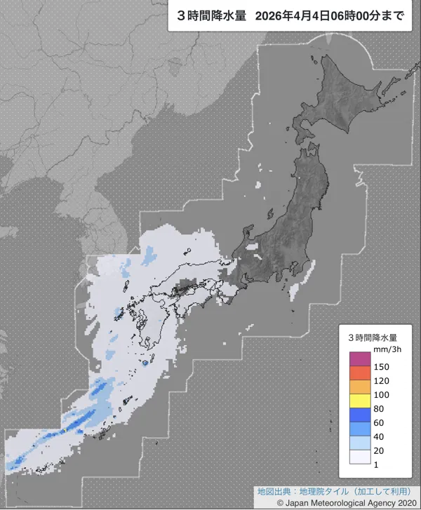 2026年4月4日3〜6時の日本周辺の3時間解析降水量