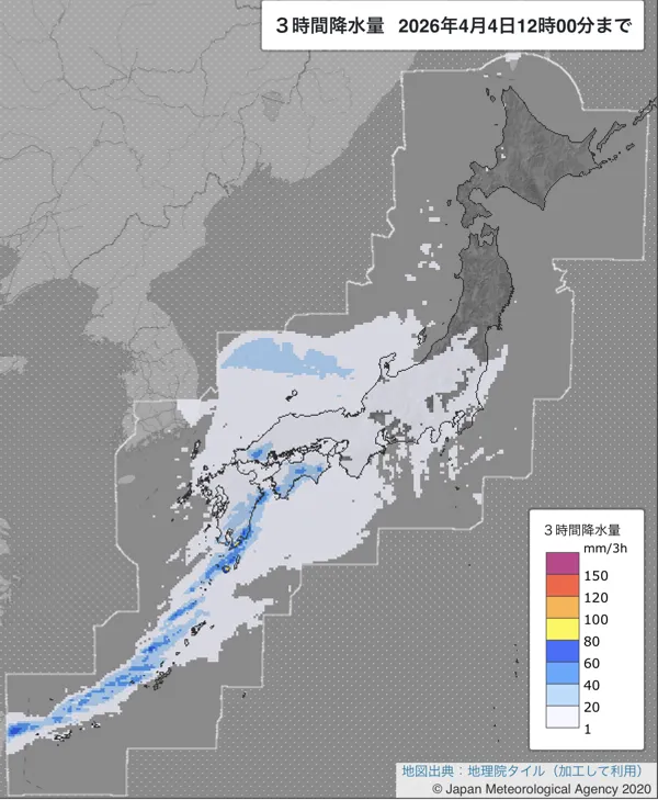 2026年4月4日9〜12時の日本周辺の3時間解析降水量