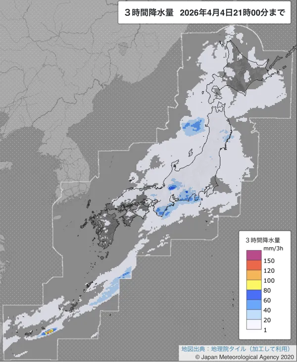 2026年4月4日18〜21時の日本周辺の3時間解析降水量