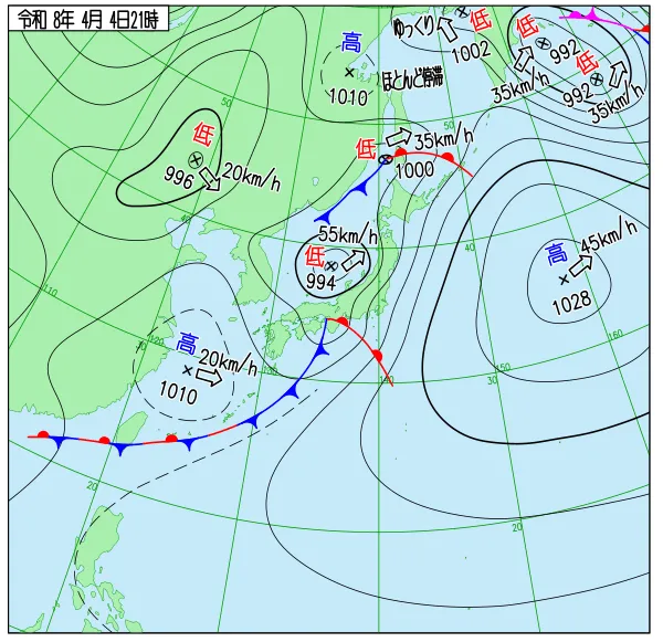 2026年4月4日21時の速報天気図