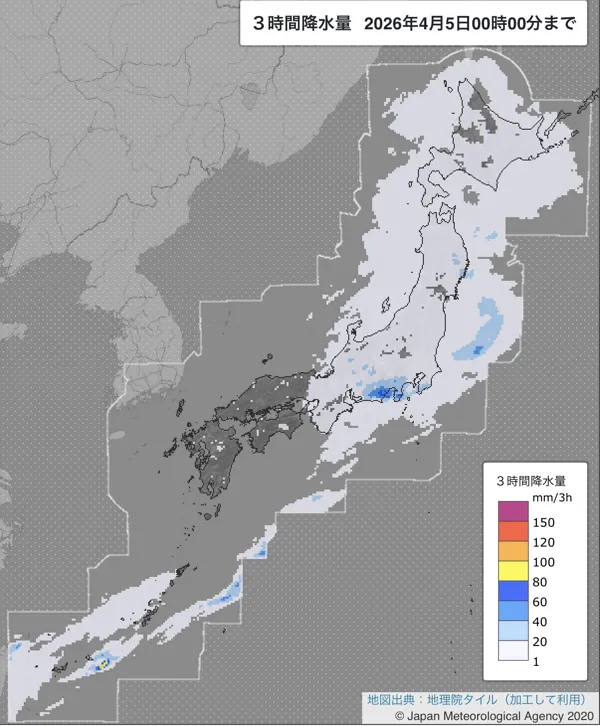 2026年4月4日21〜24時の日本周辺の3時間解析降水量