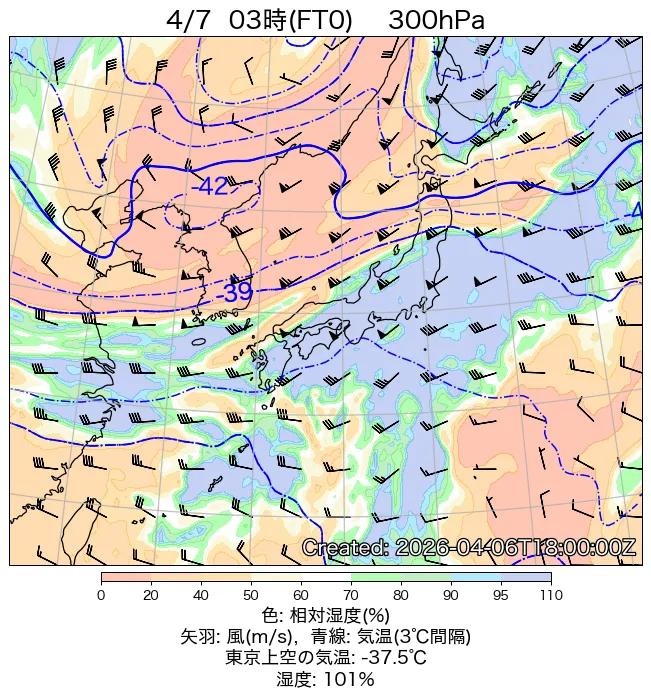 2026年4月7日の日本周辺の300hPa天気図（3時）