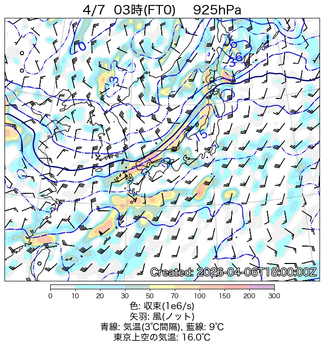 2026年4月7日の日本周辺の925hPa天気図（3時）
