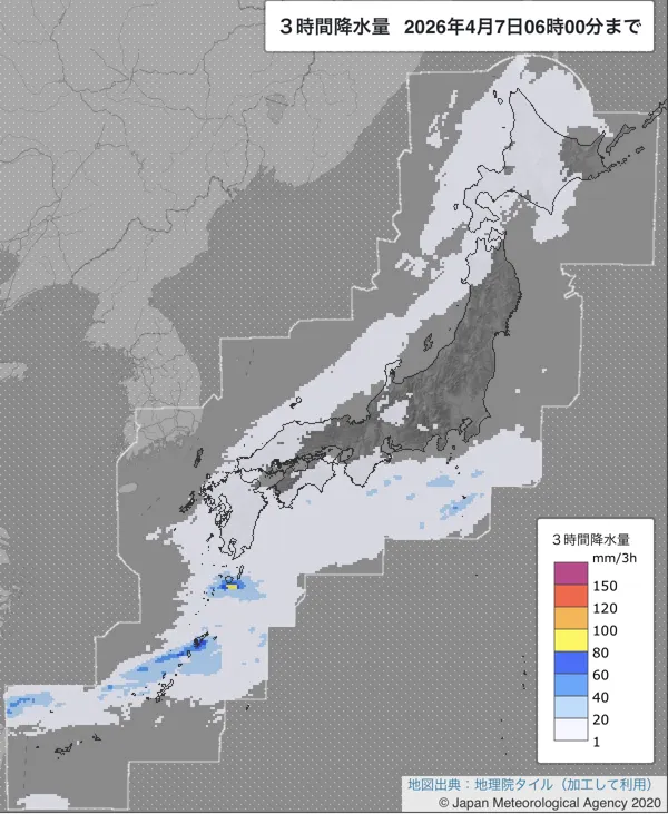 2026年4月7日3〜6時の日本周辺の3時間解析降水量