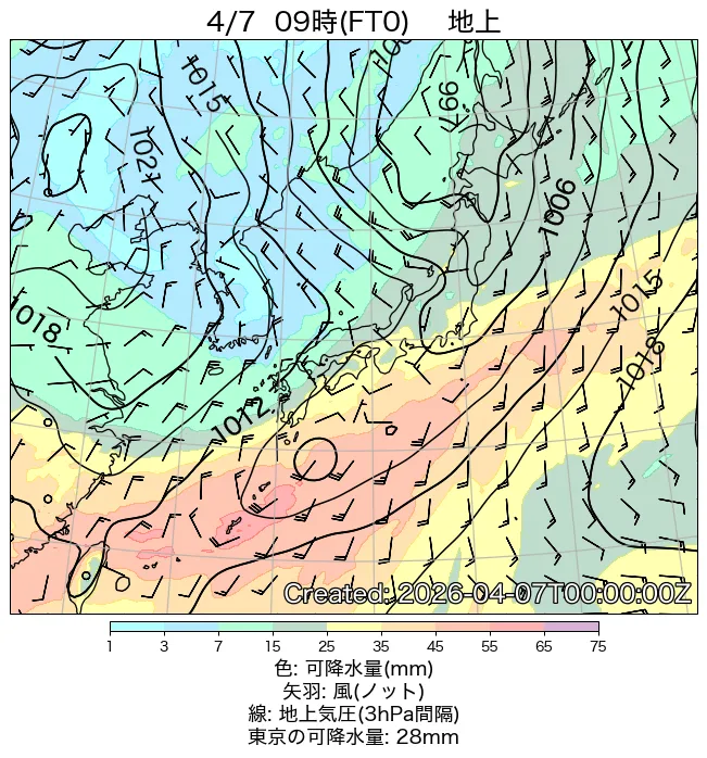2026年4月7日の日本周辺の地上天気図（9時）