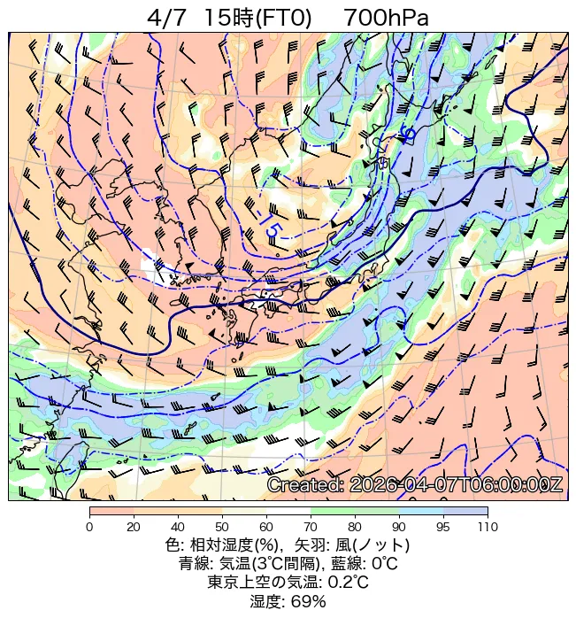 2026年4月7日の日本周辺の700hPa天気図（15時）