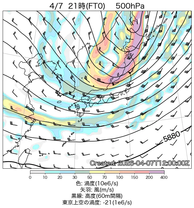 2026年4月7日の日本周辺の500hPa天気図（21時）