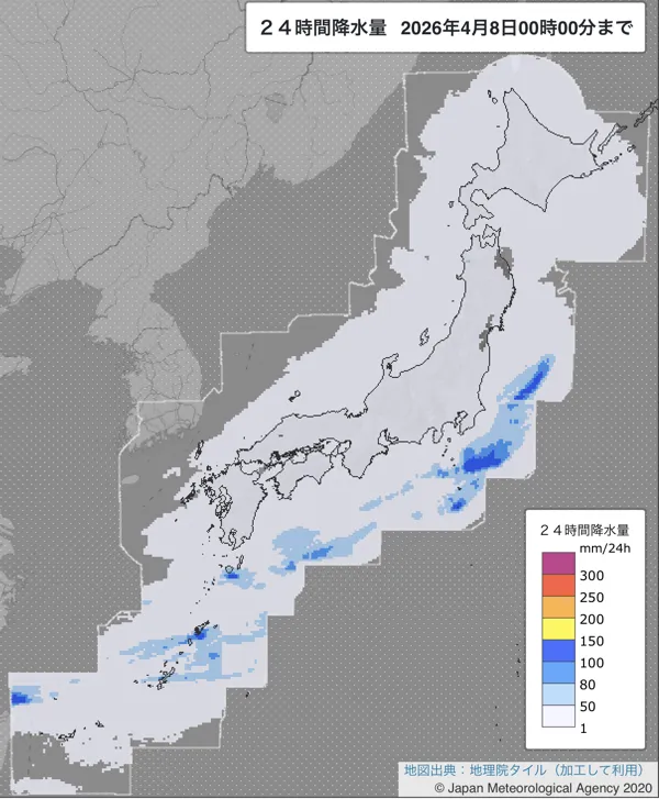 2026年4月7日の日本周辺の日解析雨量の図