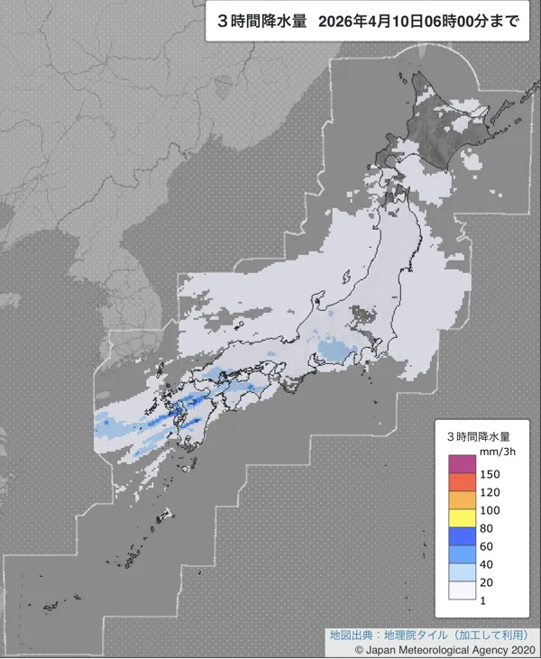 2026年4月10日3〜6時の日本周辺の3時間解析降水量