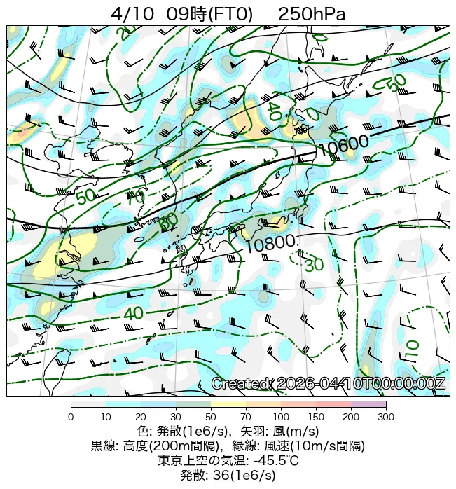 2026年4月10日の日本周辺の250hPa天気図（9時）