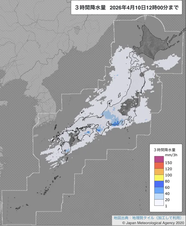 2026年4月10日9〜12時の日本周辺の3時間解析降水量