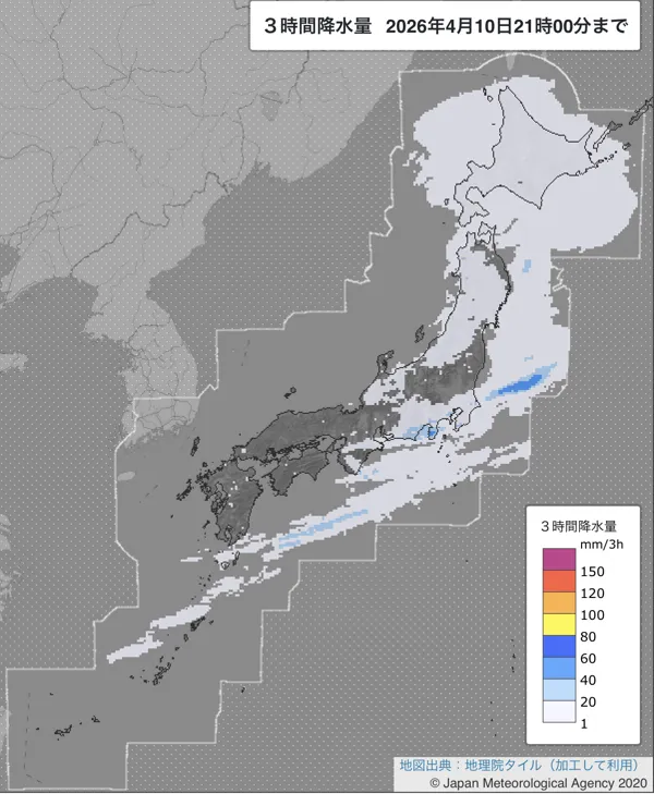 2026年4月10日18〜21時の日本周辺の3時間解析降水量